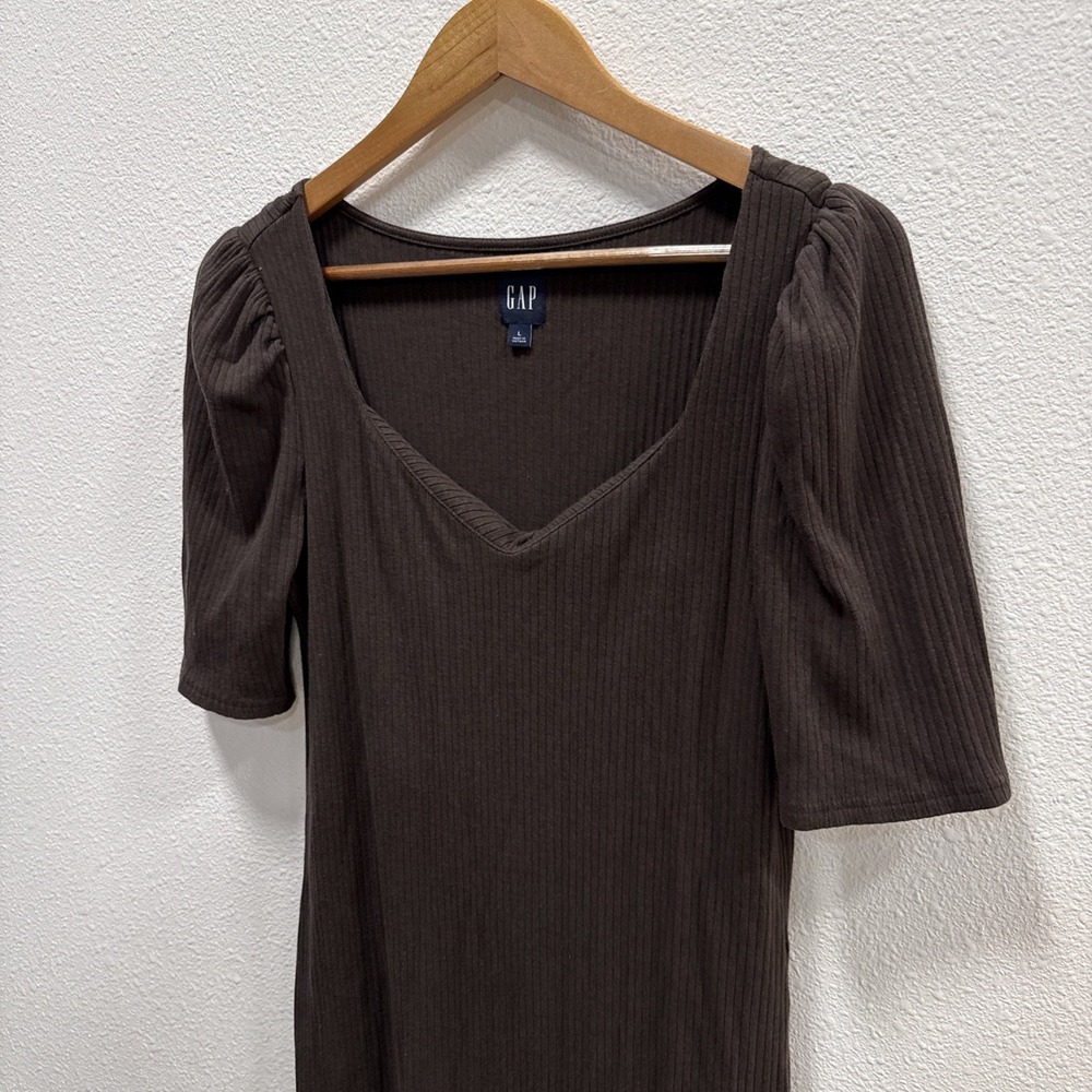 GAP Retro Bombshell Sweetheart Neck Midi Knit Dress Ginger Ribbed Brown Size L - Picture 3 of 7
